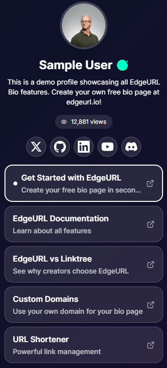 EdgeURL Link-in-Bio page with dark theme - professional creator profile